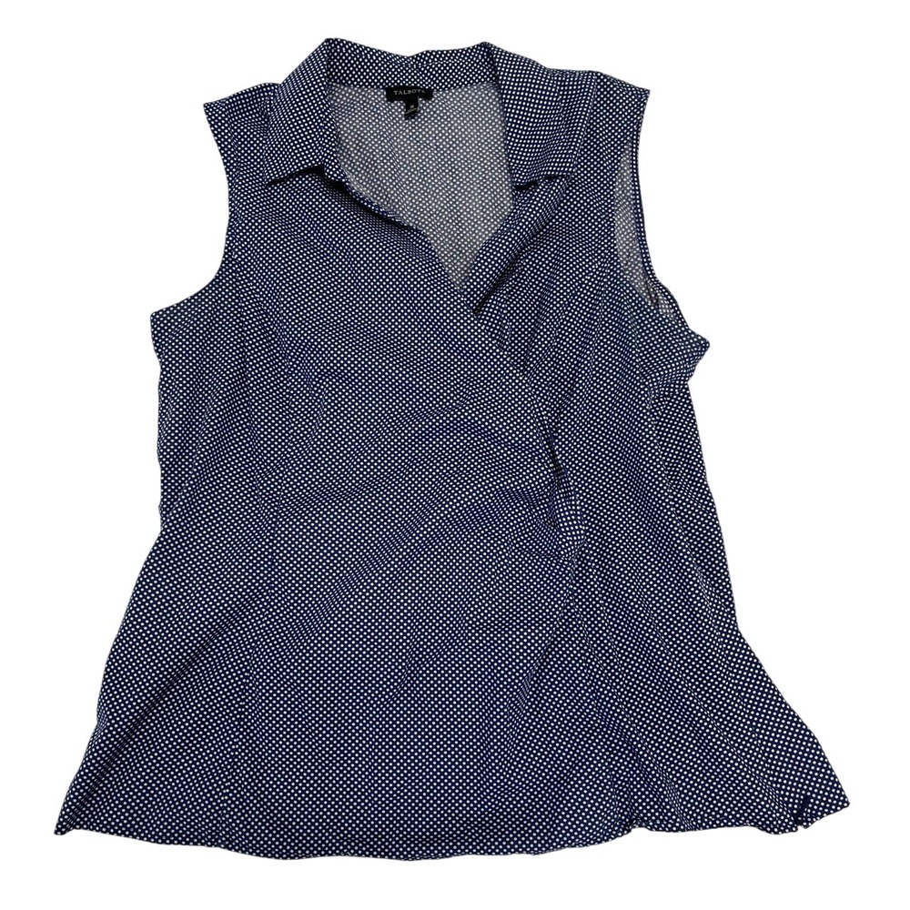 Talbots Navy Blue White Polka Dot Sleeveless Faux Wrap Blouse Top Womens 16